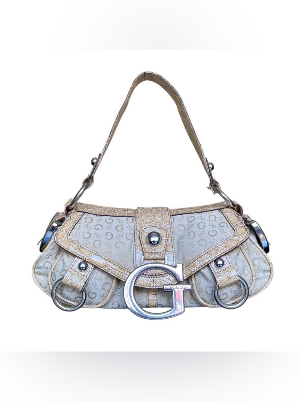 Guess Beige Croc-Trim G Logo Shoulder Bag